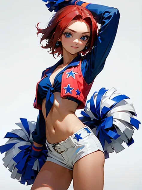 kallen stadtfeld, blue eyes, red hair, short hair, dallas_cowboys_cheerleaders_anime, shorts, midriff, short shorts, navel, whit...