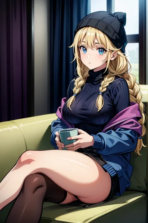 a lonely and sad woman with a phone and a sweater looking out the window, 1girl, solo, blue eyes, blonde hair, sitting, pantyhose, braid, twin braids, long hair, jacket, off shoulder, hat, yellow jacket, cup, breasts, looking at viewer, sweater, holding, s...