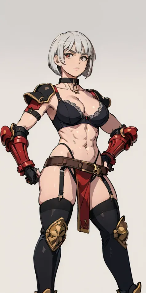 ((Plain background 1:2)) (Cammy White Street Fighter white silver short bob haircut) Female full body standing straight symmetrical looking to the viewer RED full body armored (handcuffs, shackles, rerebrace, faulds, poleyn, gauntlets, leather collar choke...