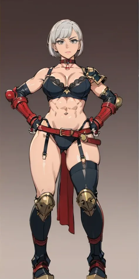 ((Plain background 1:2)) (Cammy White Street Fighter white silver short bob haircut) Female full body standing straight symmetrical looking to the viewer RED full body armored (handcuffs, shackles, rerebrace, faulds, poleyn, gauntlets, leather collar choke...