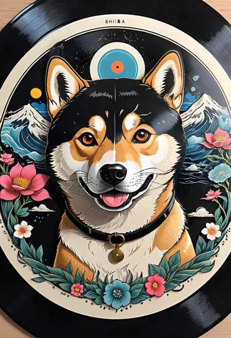 Black vinyl record image with a (Shiba Inu design), (masterpiece, best quality, Professional, perfect composition, very aesthetic, absurdres, ultra-detailed, intricate details:1.3)