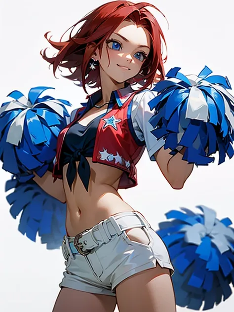 kallen stadtfeld, blue eyes, red hair, short hair, dallas_cowboys_cheerleaders_anime, shorts, midriff, short shorts, navel, whit...