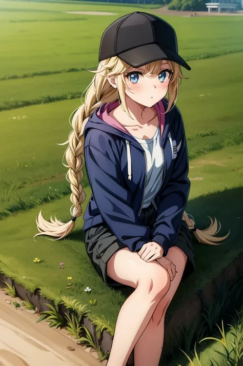 a pretty anime girl sitting down on grassy area of beach wearing black jacket, 1girl, solo, hat, sitting, braid, crossed legs, blonde hair, blue eyes, shorts, twin braids, baseball cap, long hair, black headwear, jacket, collarbone, looking at viewer, hood...