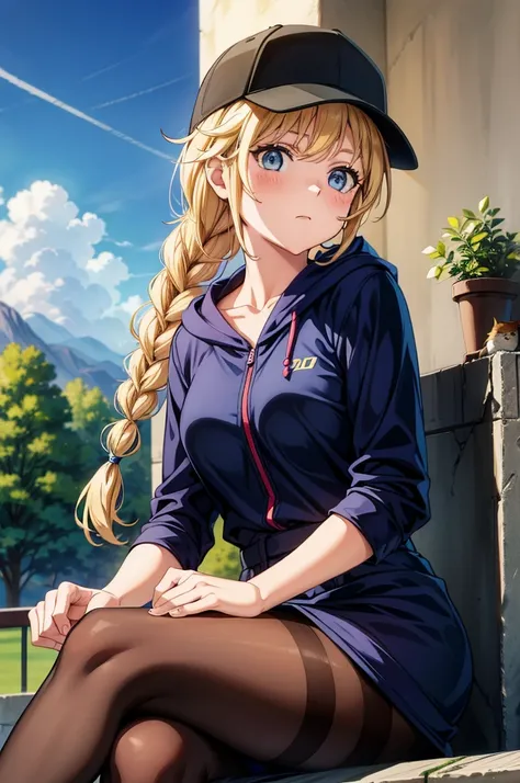 a women wearing a football uniform sitting on a ledge next to a cat, 1girl, solo, twin braids, blonde hair, blue eyes, braid, sitting, hat, long hair, pantyhose, crossed legs, looking at viewer, black headwear, baseball cap, hood, collarbone, long sleeves,...