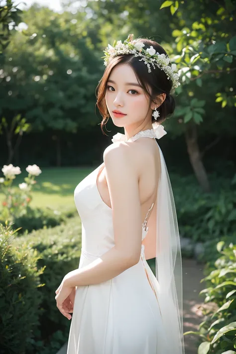 ((girl in perfect body shape)), ((korean bride)), ((garden at the background)), ((Bobhair cut)), ((top-quality)), RAW , ((masterpiece)) , (fujifilm), 16k , (Photorealism),  ((beautiful bride)), ((wearing bride crown)) , ((low shot)), ((distant shot)),((fac...