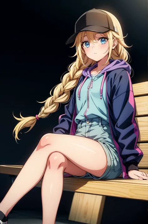 a painting of a female cartoon character next to bench wearing baseball cap standing up, 1girl, solo, crossed legs, blue eyes, braid, blonde hair, sitting, baseball cap, hat, shorts, long hair, looking at viewer, jacket, black headwear, thighs, twin braids...