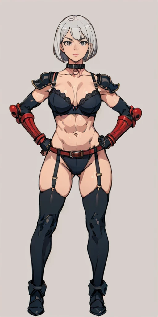 ((Plain background 1:2)) (Cammy White Street Fighter white silver short bob haircut) Female full body standing straight symmetrical looking to the viewer RED full body armored (handcuffs, shackles, rerebrace, faulds, poleyn, gauntlets, leather collar choke...