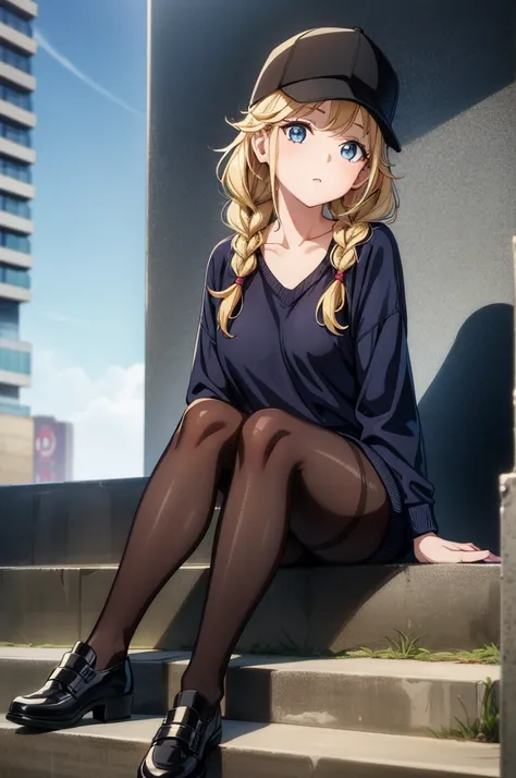 a girl with short curly blond hair sitting on steps of some building, 1girl, solo, hat, blonde hair, black headwear, blue eyes, sitting, twin braids, braid, blue sweater, pantyhose, black footwear, long hair, shoes, looking at viewer, black pantyhose, base...