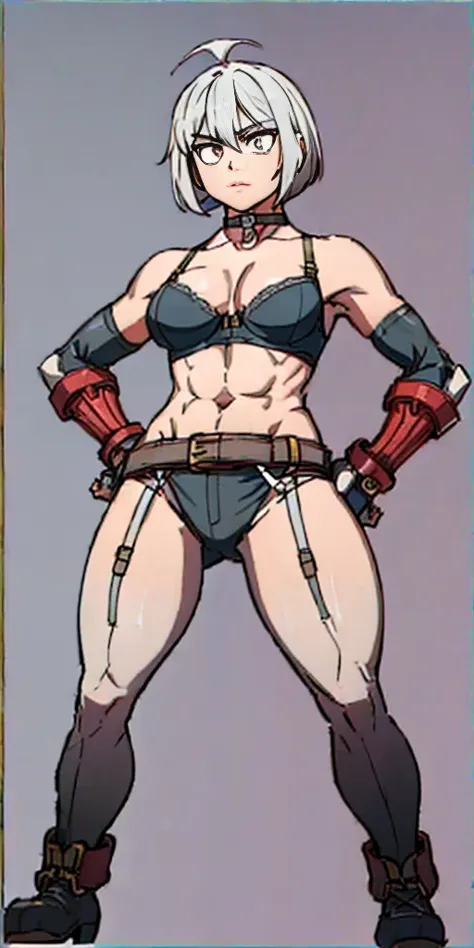 ((Plain background 1:2)) (Cammy White Street Fighter white silver short bob haircut) Female full body standing straight symmetrical looking to the viewer RED full body armored (handcuffs, shackles, rerebrace, faulds, poleyn, gauntlets, leather collar choke...