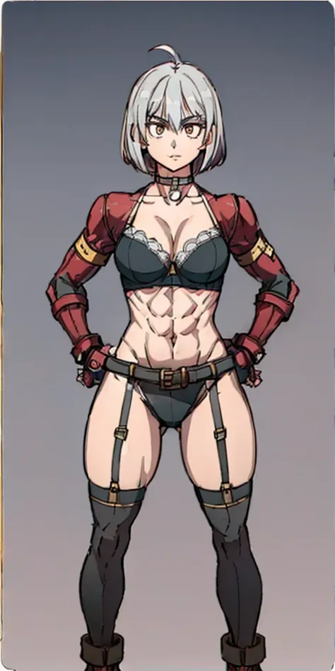 ((Plain background 1:2)) (Cammy White Street Fighter white silver short bob haircut) Female full body standing straight symmetrical looking to the viewer RED full body armored (handcuffs, shackles, rerebrace, faulds, poleyn, gauntlets, leather collar choke...