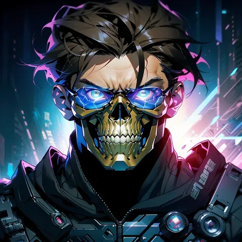 a close up of a person with a machine gun, league of legends splash art, advanced digital chibi art, by Raymond Swanland, jim carrey as terminator, kawaii chibi, marvel comics h 6 4 0, upscaled to high resolution, the omnipotent assassin, his head is a sku...