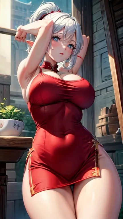 Elf、Short Hair、Big Breasts、Very large breasts、Underboob、ponytail、sexy lingerie、Red underwear、China dress