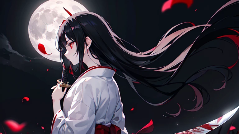 Black Hair Girl、Red eyes、Very delicate and beautiful eyes、Holding a sword with both hands、Girl with blood on her face, Dark fantasy, Horror、Very detailed, White kimono、Perfect hands, Perfect Anatomy,Rear View、profile、（Samurai Sword：1.5） ）、moonlight、night、M...