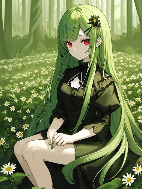 (masterpiece, best quality),1girl with long green hair sitting in a field of green plants and flowers, her hand under,looking to viewer, warm lighting, red eyes, white and black dress, using daisy hairclip, forest foreground, close up, high quality hands