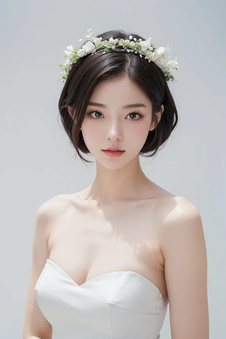 ((girl in perfect body shape)), ((korean bride)), ((white background)), ((Bobhair cut)), ((top-quality)), RAW , ((masterpiece)) , (fujifilm), 16k , (Photorealism),  ((c-cup breast)),((beautiful bride)), ((wearing bride crown)) , ((low shot)), ((distant sho...