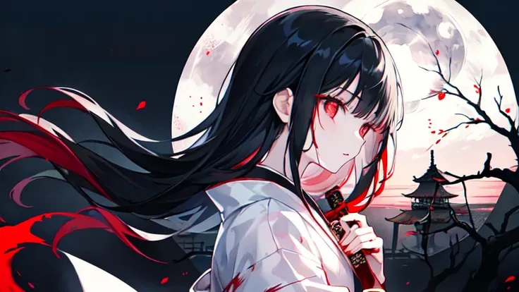 Black Hair Girl、Red eyes、Very delicate and beautiful eyes、Girl with blood on her face, Dark fantasy, Horror、Very detailed, White kimono、Perfect hands, Perfect Anatomy,Rear View、profile、（Samurai Sword：1.5） ）、moonlight、night、Moonlight from above：1.5