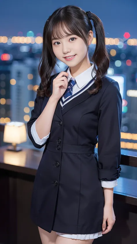 (highest quality,masterpiece:1.3,Ultra-high resolution),(Very detailed,8K),(Realistic:1.4,RAW shooting)。Blurred Background、Looking at the audience、smile、young woman、Office Lady Uniform、Twin tails、City of night。Night view。