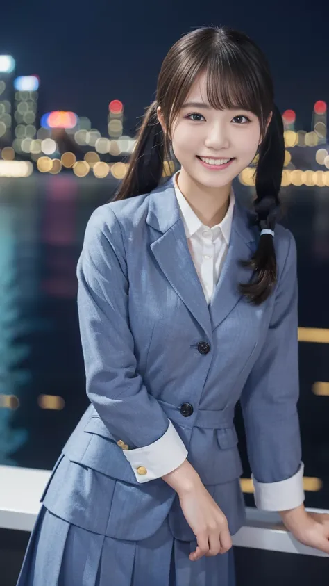 (highest quality,masterpiece:1.3,Ultra-high resolution),(Very detailed,8K),(Realistic:1.4,RAW shooting)。Blurred Background、Looking at the audience、smile、young woman、Office Lady Uniform、Twin tails、City of night。Night view。