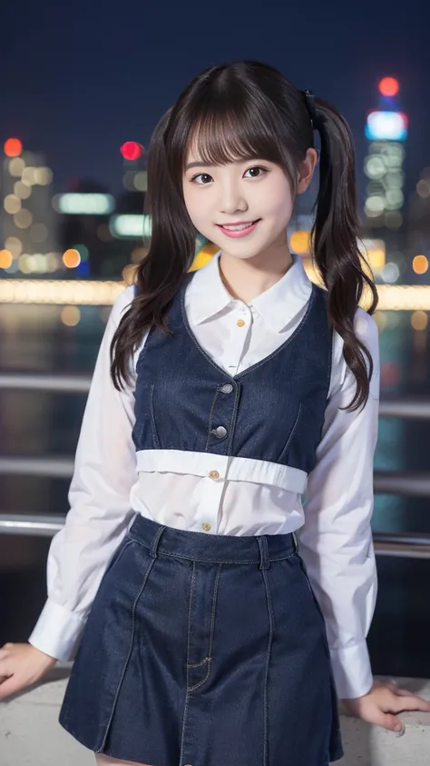 (highest quality,masterpiece:1.3,Ultra-high resolution),(Very detailed,8K),(Realistic:1.4,RAW shooting)。Blurred Background、Looking at the audience、smile、young woman、 clothes、Twin tails、City of night。Night view。