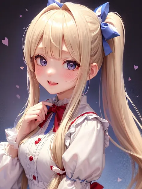 girl、Light blonde hair、(Side ponytail tied around the temporal lobe)、((The ends of the ponytail are fluffy))、((break))、blue eyes、Beautiful Eyes、A big ribbon in the hair、(Voluminous long-sleeved dress with lace)、(Embarrassed look)、((break))、(((Valentine)))、...