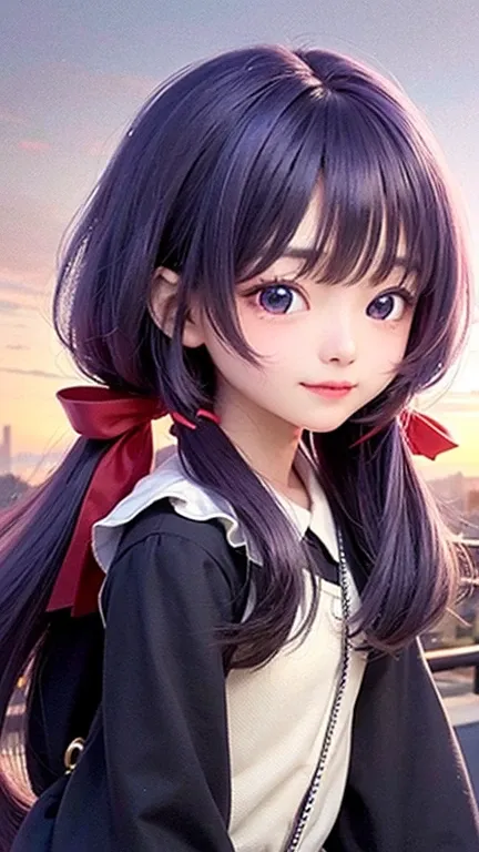 Small face、(highest quality, masterpiece), One girl, Twin tails、Pause, particle, Wind, flower, Upper Body, Simple Background, View your viewers, , Milky Way,smile、（purple,Long hair mixed with red）、cute、Twin taililky way、Crescent Moon