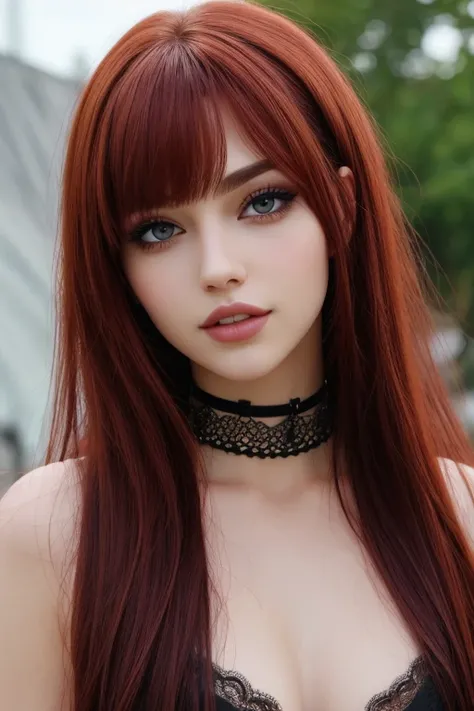 choker, eyes, eyeshadow, pupils, eyebrows, nose, lips, teeth, face, dark red hair, long hair, 1girl, solo