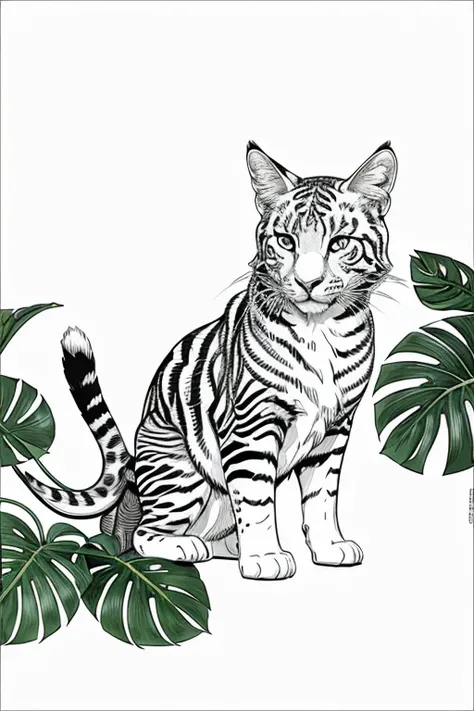 Wild animals a lush tropical forest and a distant sun and clouds, vibrant with exotic flowers and greenery, ((white background)), only outlines used, lines, coloring book, clean lines, background. White, Sketch style, Coloring page for adult, clean line ar...