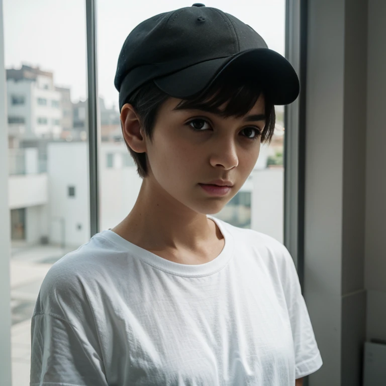 (Monocrhome), dark, (thoughtful pose) in love, chiaroscuro, black and white, 90s girl, simple background, minimalistic, posing, ((photoshot)), wearing a cap, baggy t-shirt, girl with pixie cut hairstyle, woman, dark background highlighting the figure. Natu...