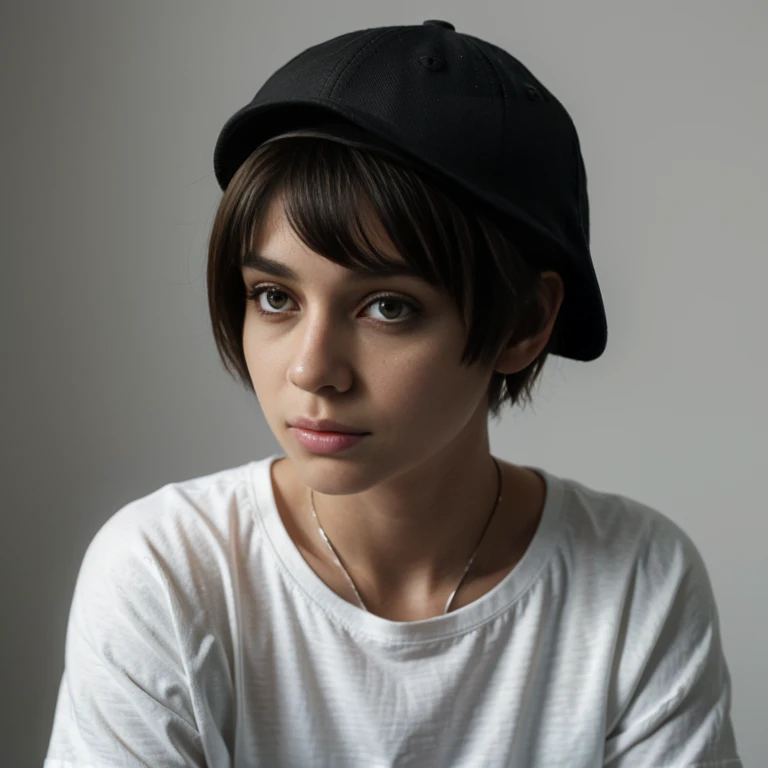 (Monocrhome), dark, (thoughtful pose) in love, chiaroscuro, black and white, 90s girl, simple background, minimalistic, posing, ((photoshot)), wearing a cap, baggy t-shirt, girl with pixie cut hairstyle, woman, dark background highlighting the figure. Natu...