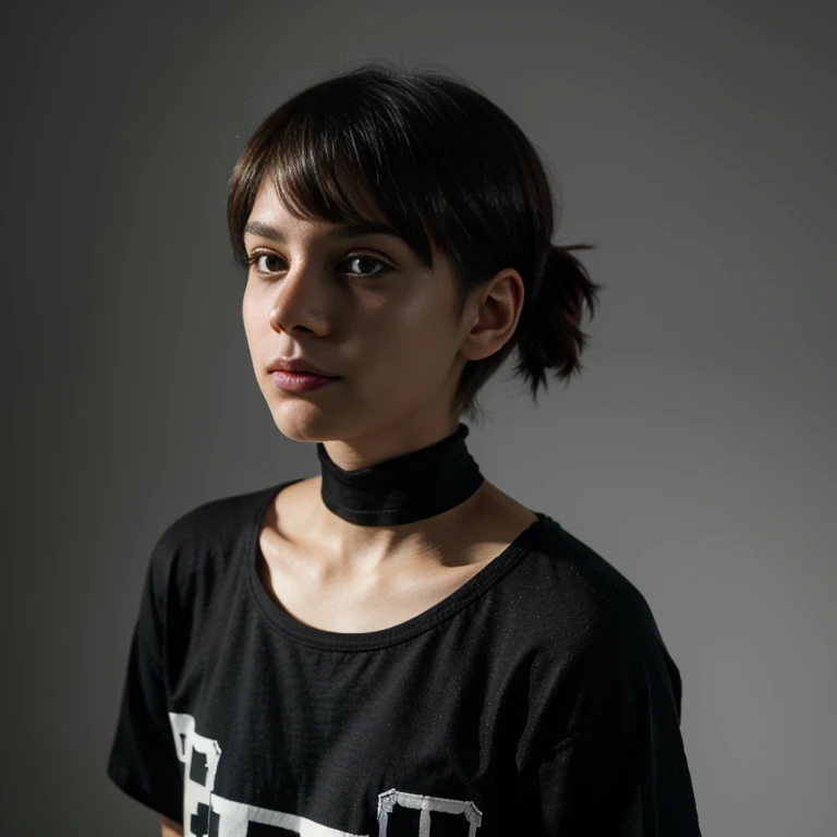 (Monocrhome), dark, (thoughtful pose) in love, chiaroscuro, black and white, 90s girl, simple background, minimalistic, posing, ((photoshot)), wearing a cap, baggy t-shirt, girl with pixie cut hairstyle, woman, dark background highlighting the figure. Natu...