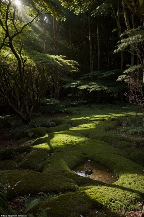 
Cena: Unique background of a dense forest, onde os raios de sol filtram-se entre as folhas verdes, creating patterns of light on the moss-covered floor.