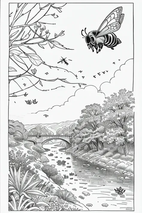 bees flying over the hive near a beautiful river with rocks and a distant sun and clouds, vibrant with exotic flowers and greenery, ((white background)), only outlines used, lines, coloring book, clean lines, background. White, Sketch style, Coloring page ...