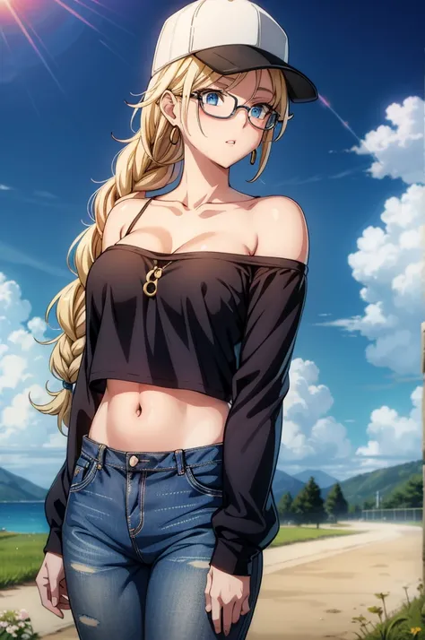 an image that is an anime artist posing as an attractive blonde woman, 1girl, solo, denim, breasts, hoop earrings, off shoulder, bare shoulders, navel, blue eyes, jewelry, blonde hair, day, earrings, pants, hat, outdoors, glasses, braid, round eyewear, cle...