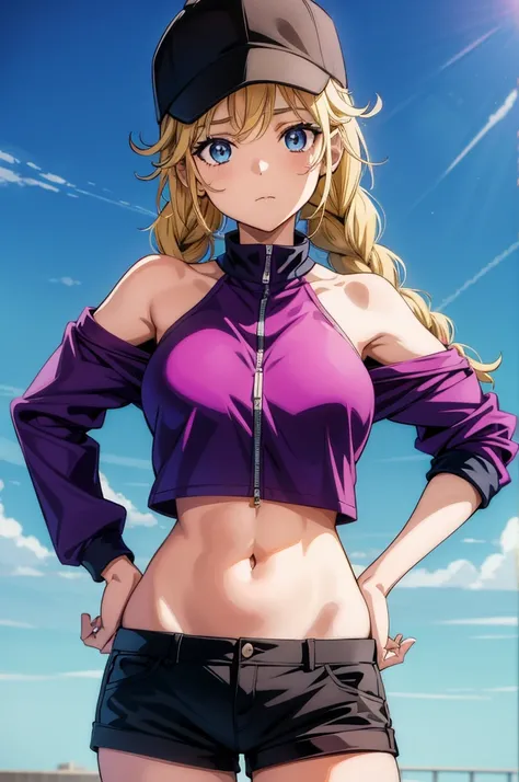 a anime anime poster of a pretty girl in a shirt and cap, 1girl, solo, breasts, shorts, hat, navel, blue eyes, blonde hair, hands on hips, crop top, twin braids, baseball cap, braid, off shoulder, jacket, bare shoulders, looking at viewer, short shorts, mi...