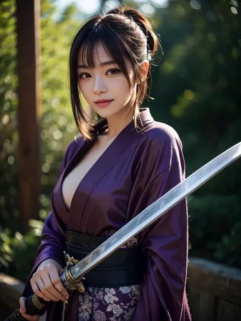 RAW photo, 8K portrait, authentic, masterpiece, best quality, official art, highly detailed, highly saturated, samurai girl, slim body, one girl, weapon, sword, medium bob, one hand holding sword, sword grip, arm guard, smiling looking at camera, brushing ...