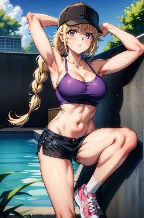 an animated cartoon porn star posing at a pool with legs spread and bikini on top, 1girl, breasts, solo, blonde hair, cleavage, navel, shorts, arm up, outdoors,  purple eyes, looking at viewer, sweat, collarbone, long hair, sports bra, shoes, black shorts,...