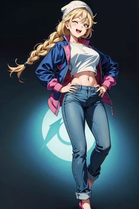 a woman in anime clothes and high heels making a peace sign her eyes are closed, 1girl, solo, hat, blonde hair, blue eyes, breasts, smile, pants, denim, braid, open mouth, long hair, looking at viewer, jacket, shirt, jeans, white headwear, white shirt, han...