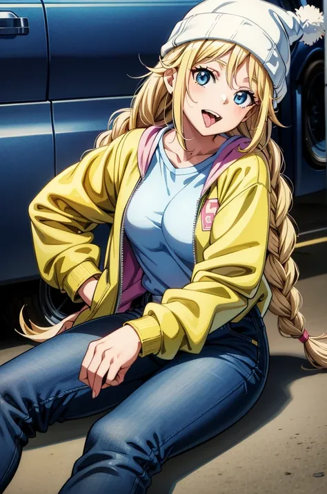 a cartoon character in a striped jacket is relaxing on the ground next to a vehicle, 1girl, solo, breasts, blonde hair, hat, braid, blue eyes, long hair, denim, twin braids, shirt, open mouth, sitting, looking at viewer, pants, white shirt, smile, jacket, ...