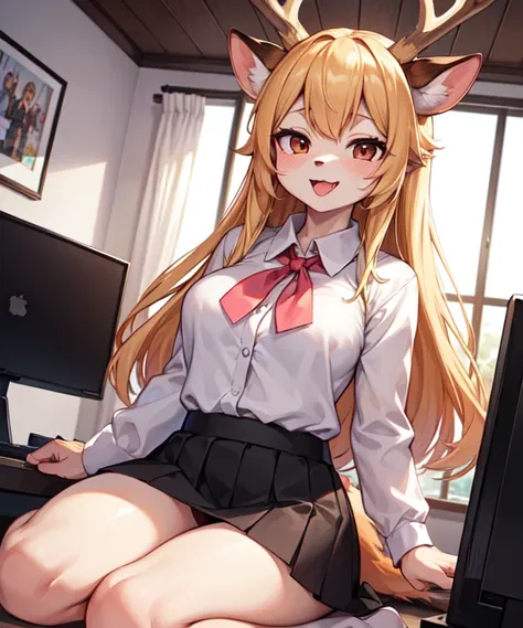 1girl, (anthro furry:1.2), tsunodaczar, (two-toned fur, orange fur, black eyes, deer ears, horns, snout), (pink blouse, black sk...