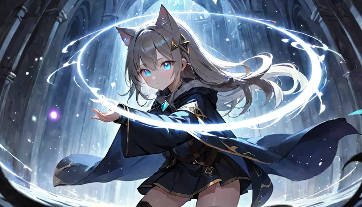 (masterpiece, best quality, very aesthetic, absurdres,general) , 1girl, solo, shot  wizards cloak,shot wizards trousers,shot skirt:1.2),BREAK,The girl is using magic,Glowing triangular magic circle,,cute girl、Girl with clear eyes、Straight long hair,cat ear...