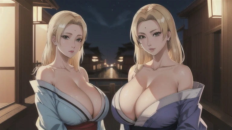 Tsunade, blonde hair, huge breasts, mature female, (masterpiece:1.2, best quality:1.2, beautiful, high quality, highres:1.1, aesthetic), detailed, extremely detailed, ambient soft lighting, 4K, perfect lighting,  yukata, off shoulder, (SFW)