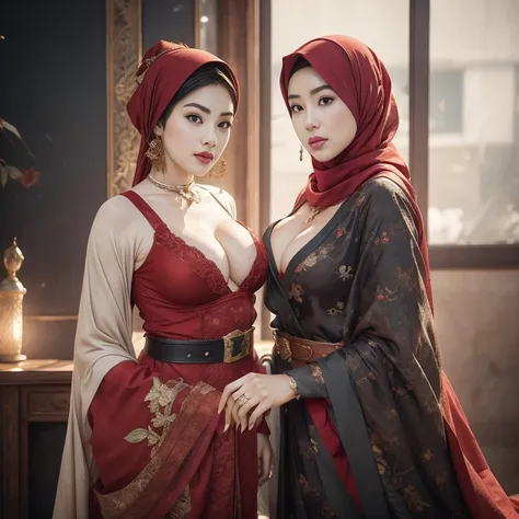 big breasts, big breasts, big breasts, two MAPAY women in lingerie posing for a picture in a room, oppai, posing together in bra, MIRA FILZAH and IMAN TAYORE, red bra, all red, oppai proportions, sexy :8, 4k], 4 k ], big breasts!, bottom angle, big breasts...