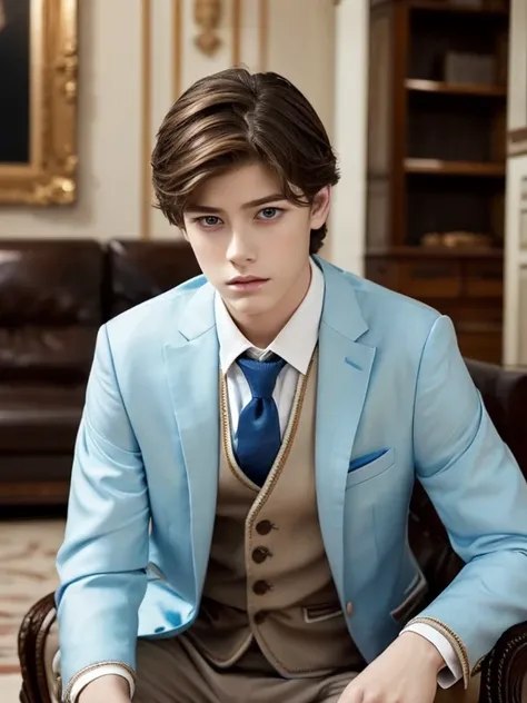 Masterpiece best quality A boy of 10 years old short light brown hair blue eyes sad and serious look white skin fine features handsome boy masculine fine European features fine clothes elegant well dressed formal living room luxurious classic elegant dark ...