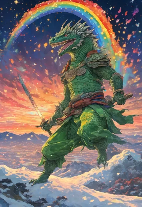 Grey and green scaled lizardman dressed like a warrior sohei Sōhei, surrounded by a swirling rainbow lights, a magical snowy steppe in the background, twilight sky filled with stars, drawn as an ukiyoe canvas painting