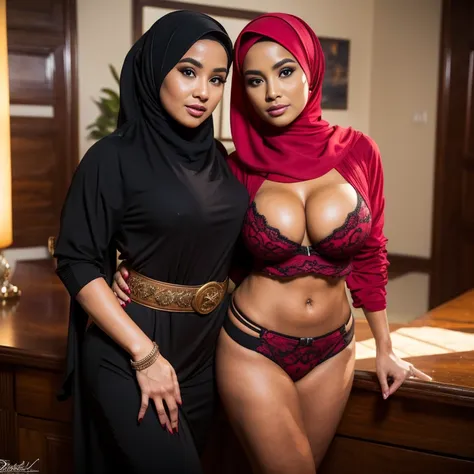 big breasts, big breasts, big breasts, two MAPAY women in lingerie posing for a picture in a room, oppai, posing together in bra, MIRA FILZAH and IMAN TAYORE, red bra, all red, oppai proportions, sexy :8, 4k], 4 k ], big breasts!, bottom angle, big breasts...