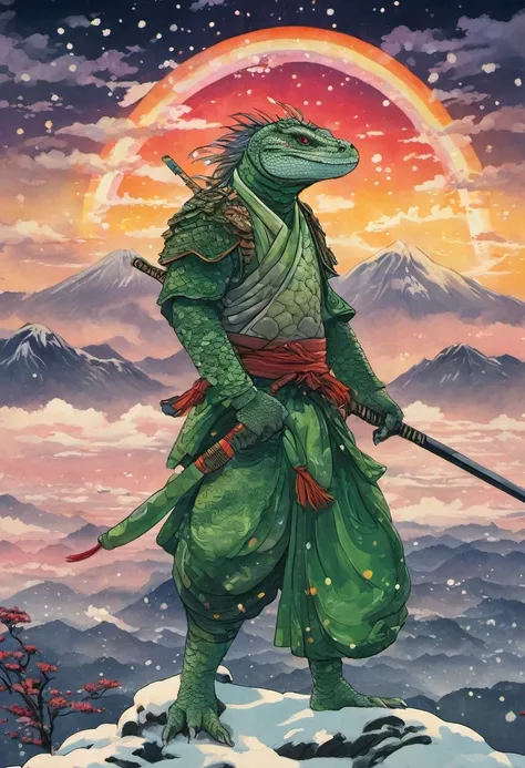 Grey and green scaled lizardman dressed like a sohei Sōhei warrior, surrounded by a swirling rainbow lights, a magical snowy steppe in the background, twilight sky filled with stars, drawn as an ukiyoe canvas painting