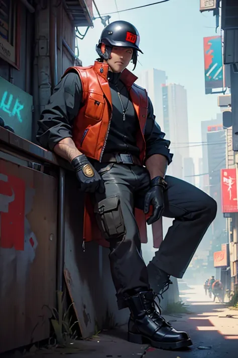 masterpiece, Cyberpunk, pagoda, sleeves_rolled_up, baseball_helmet, leather_gloves, ankle_boots, vest, American_cartoon