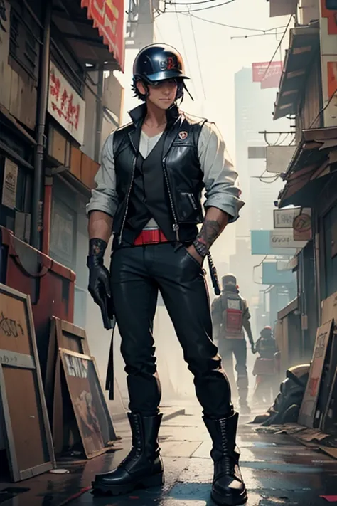 masterpiece, Cyberpunk, pagoda, sleeves_rolled_up, baseball_helmet, leather_gloves, ankle_boots, vest, American_cartoon