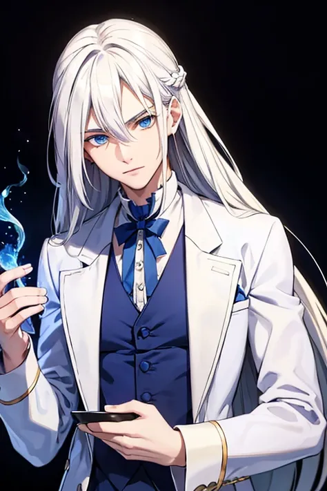 A young white haired man with blue eyes with long hair with blue eyes in a white victorian suit is making a potion