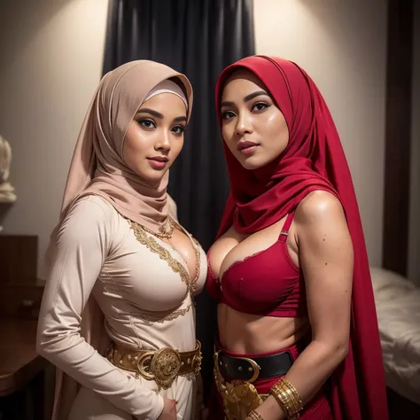 big breasts, big breasts, big breasts, two MAPAY women in lingerie posing for a picture in a room, oppai, posing together in bra, MIRA FILZAH and IMAN TAYORE, red bra, all red, oppai proportions, sexy :8, 4k], 4 k ], big breasts!, bottom angle, big breasts...